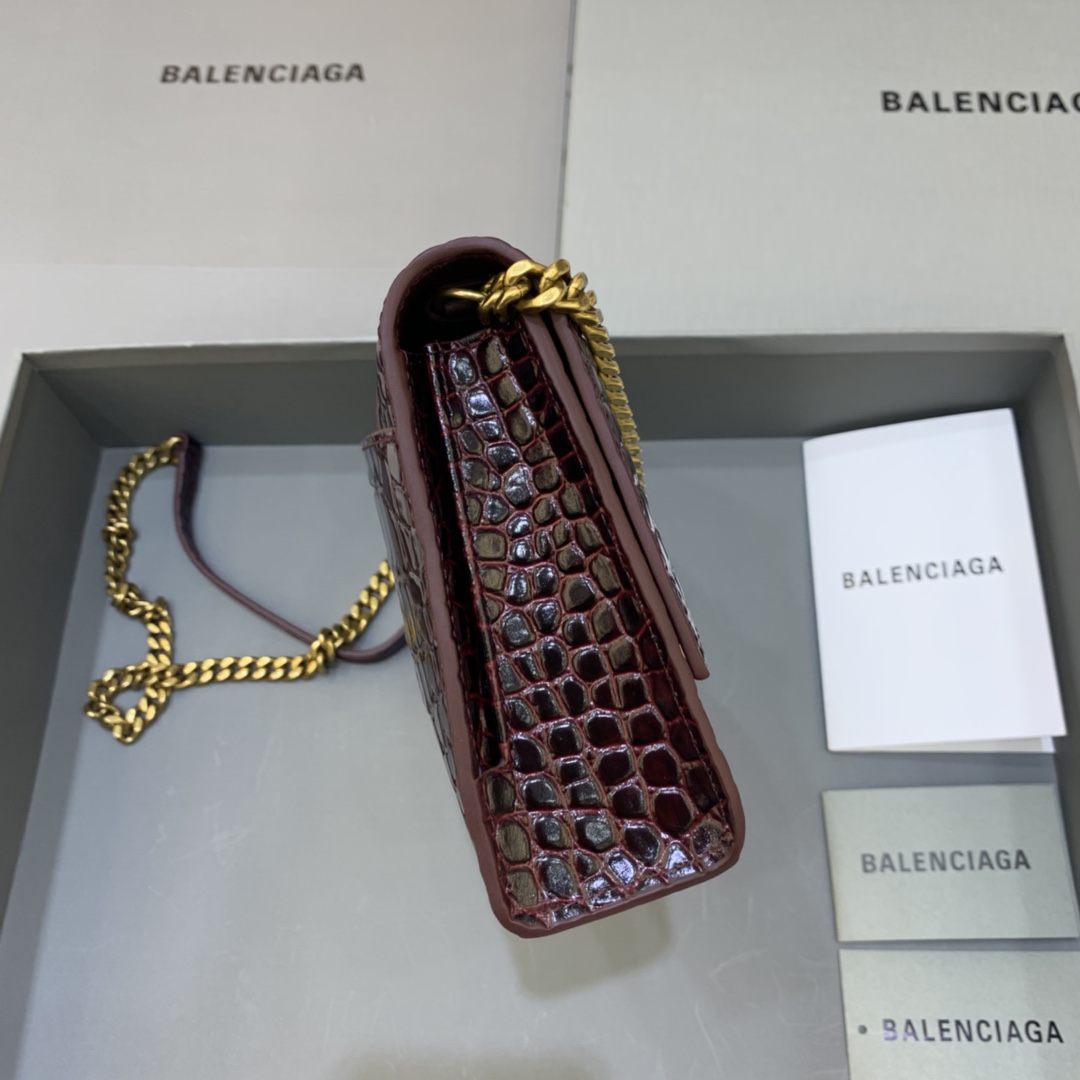 Balenciaga Big Hourglass Wallet With Chain Crocodile Embossed Shoulder Bag Coffee